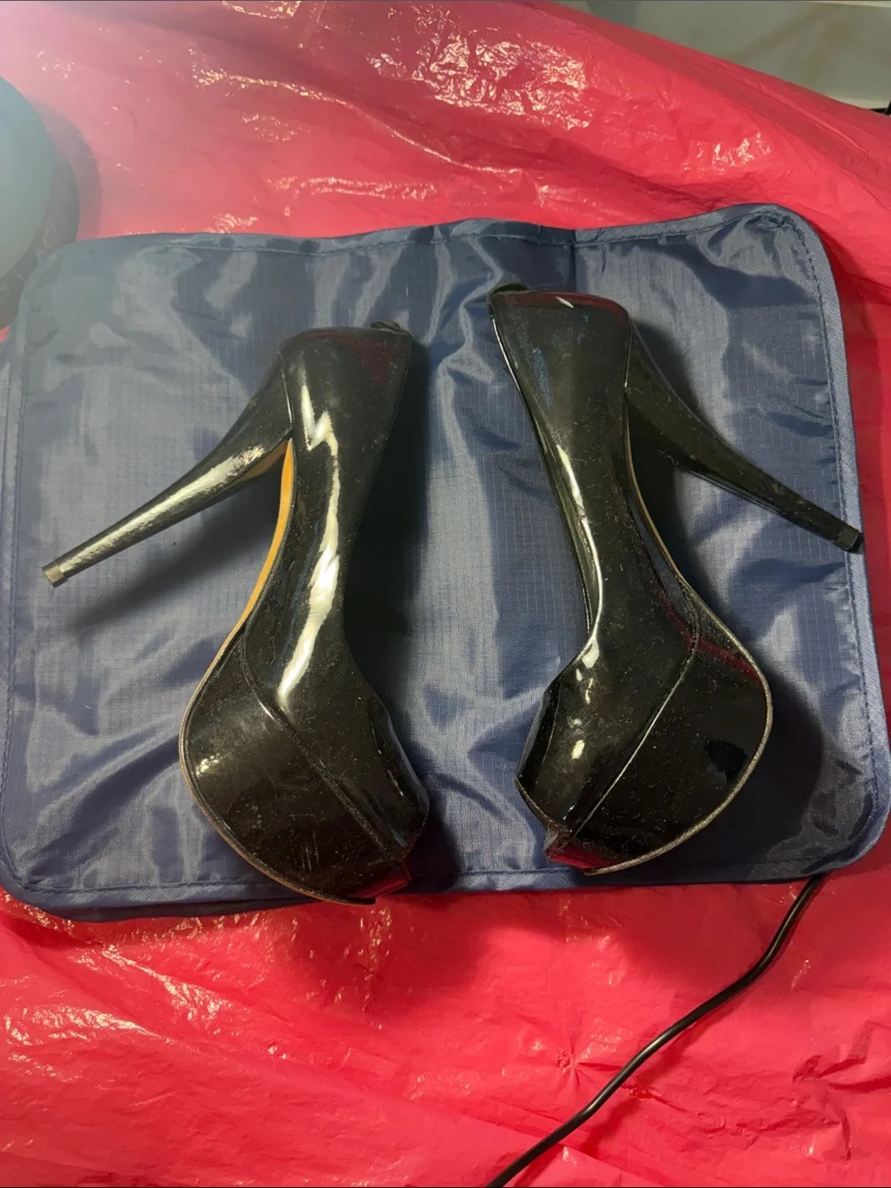 Stuart Weitzman Black Patent Peep-Toe Pumps